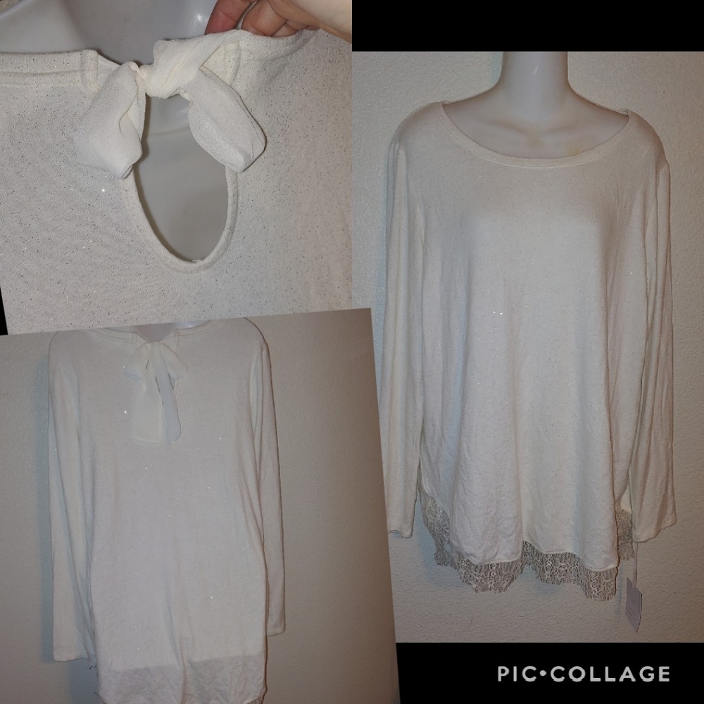 Lauren Conrad glitter blouse lace trim open back - Picture 1 of 11